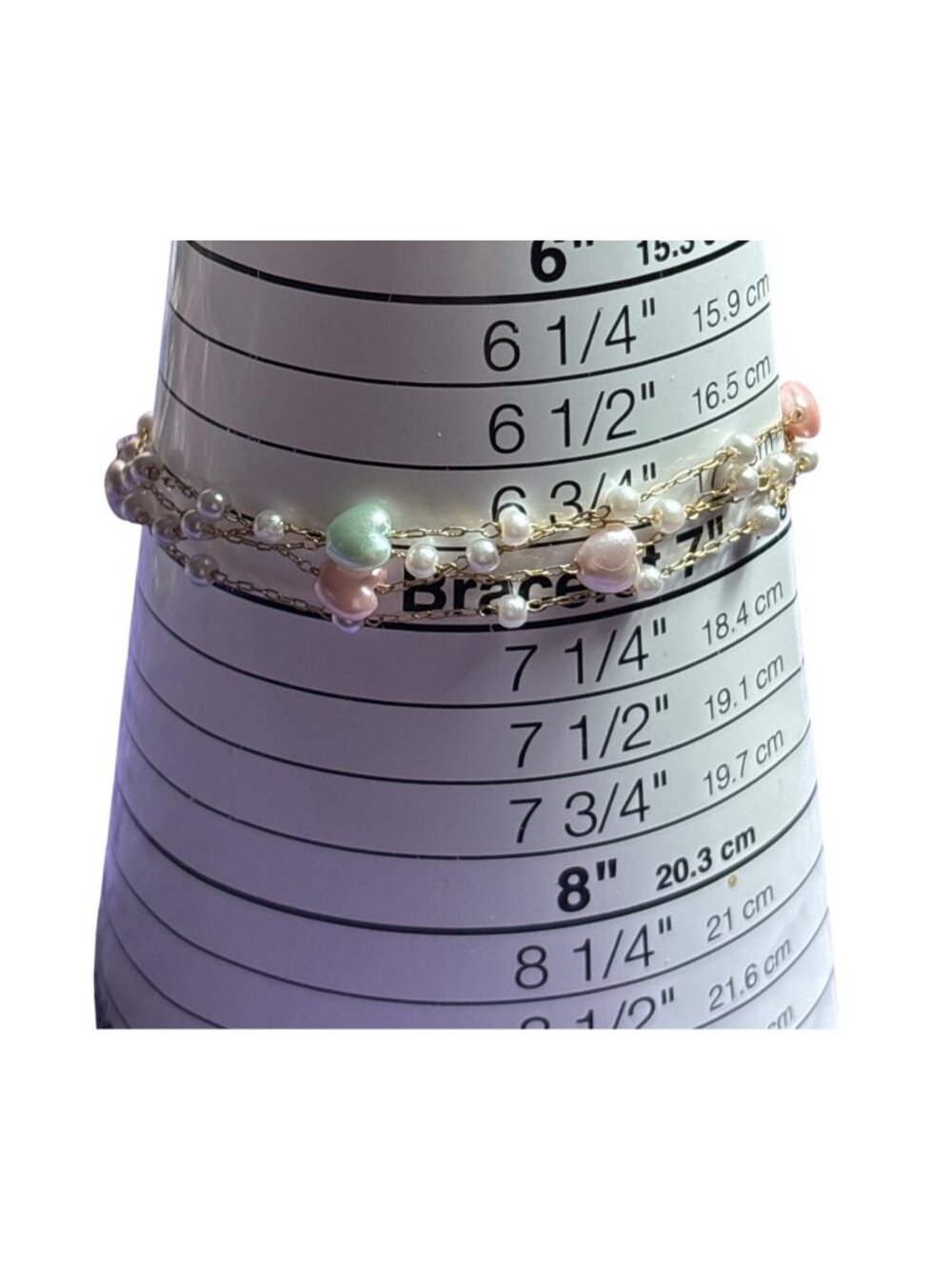 Vintage 4 Strand Dainty Goldtone Faux Pearl Beaded Chain Bracelet Pastel Hearts